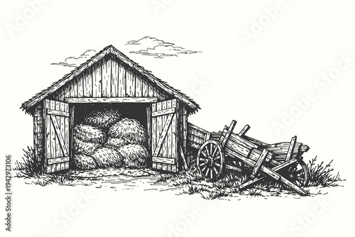 Rustic woodcut style drawing featuring an old wooden farm barn filled with hay and a vintage horse-drawn cart parked nearby on a rural path.