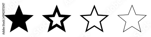 A row of four five-pointed stars with different outline thicknesses and fills. Minimalist vector illustration showing rating stages or graphic styles.