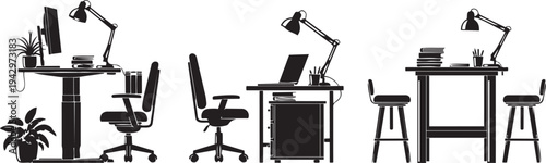Offices with different types of furniture and equipment isolated on transparent background, Vector
