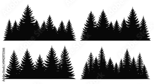 Four arrangements of coniferous trees in a dark silhouette