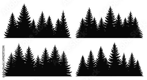 Four arrangements of coniferous trees in a stark black silhouette