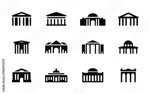 Collection of black and white architectural building icons including columns domes and porticos on a plain white background for design and decoration