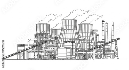 Industrial Factory Complex with Smokestacks.