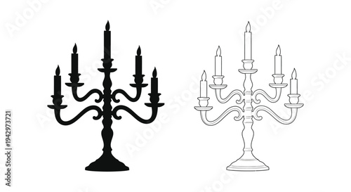 Two ornate candelabras one black and one white displayed side by side silhouette