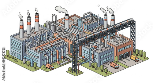 Industrial Factory Complex with Smokestacks.