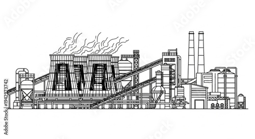 Industrial Factory Complex with Smokestacks.