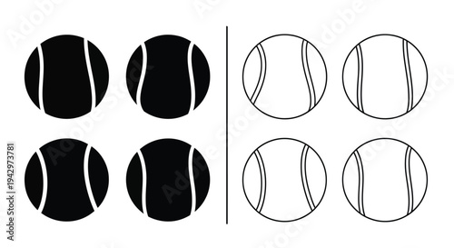 Four tennis balls contrasting styles divided into black and white silhouette