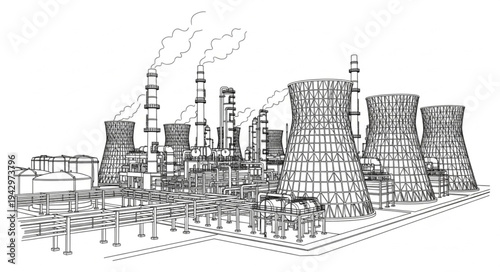Industrial Factory Complex with Smokestacks.