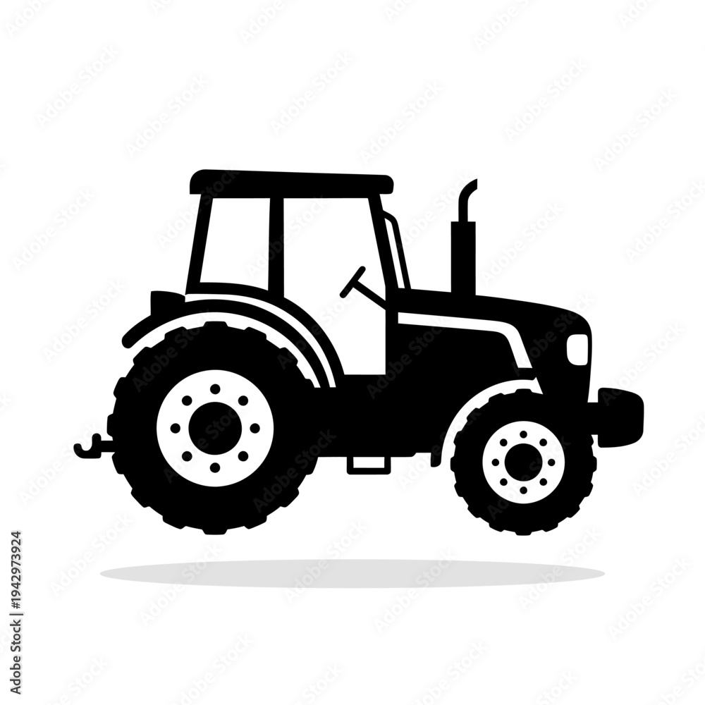 Fototapeta premium Black silhouette icon of an agricultural tractor with an exhaust pipe and large wheels. A vector illustration symbolizing farming, the agricultural industry, and heavy machinery.
