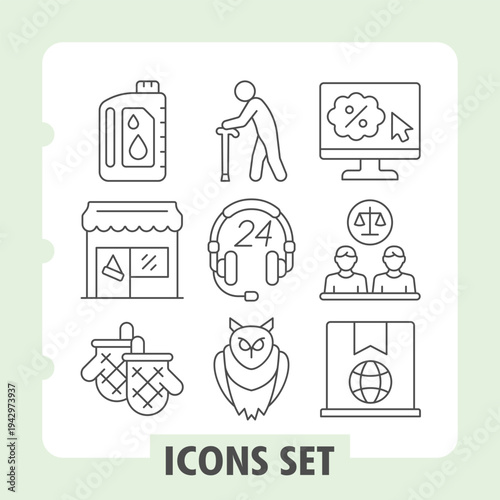 Oil can, shop, cooking gloves icons, collection illustrating concepts such as business, care, service and lifestyle. Set of nine thin line icons on white background.