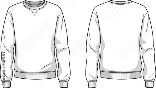 Classic crewneck sweatshirt technical fashion illustration with front and back views ribbed cuffs hem casual apparel template design