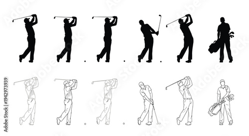 Golfers in motion showcasing various swing phases a black silhouette