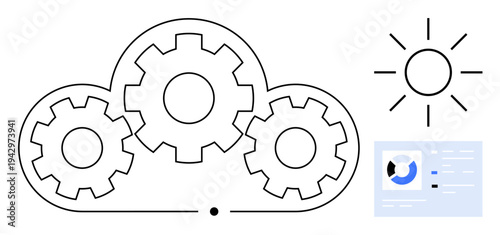 Cloud technology concept. Cloud technology illustrated with gears, digital interface, and sun symbol. Cloud technology supports innovation, connectivity, and automation. For IT, business AI