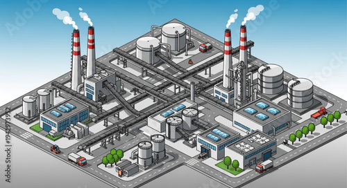 Industrial Factory Complex with Smokestacks.