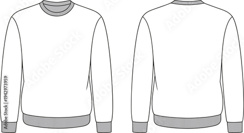 Classic crewneck sweatshirt technical fashion template with front and back views ribbed collar cuffs and hem casual apparel mockup illustration