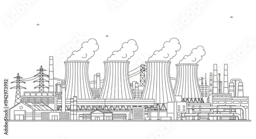 Industrial Factory Complex with Smokestacks.