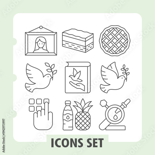 Portrait picture, dove, pin code input icons, set illustrating concepts such as peace, sustenance, personal memories, secure access and analysis. Set of nine thin line icons on white background.