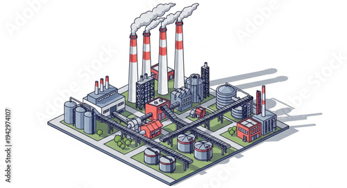 Industrial Factory Complex with Smokestacks.