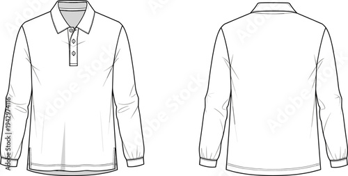 Long sleeve polo shirt technical fashion illustration with front and back views button placket collar casual apparel template