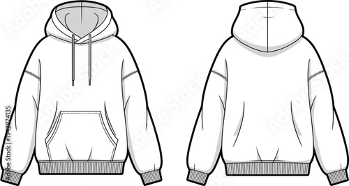 Oversized hooded sweatshirt hoodie technical fashion illustration with front and back views kangaroo pocket ribbed cuffs casual streetwear apparel template