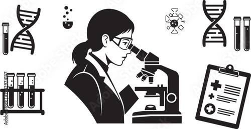 A woman in a lab looking through a microscope isolated on transparent background, Vector