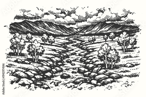 Scenic river valley landscape with rocky terrain and sparse trees, hand-drawn black and white vector illustration.