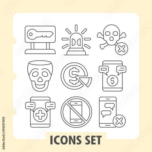 Key board, skull cup, smartphone doctor icons, set illustrating concepts such as communication, health, security, growth, finance and restrictions. Set of nine thin line icons on white background.