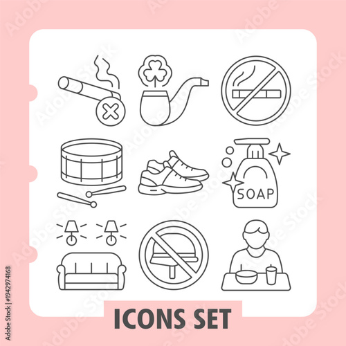 No smoking, drums, sofa interior icons, collection illustrating concepts such as hygiene, home care, habits and personal routines. Set of nine thin line icons on white background.