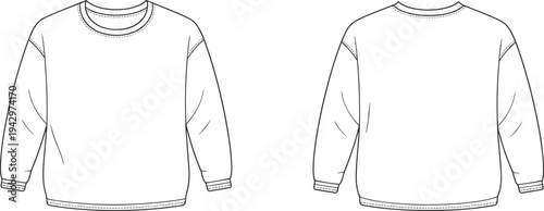 Modern long sleeve crewneck sweatshirt technical fashion template with front and back views clean outline apparel mockup for clothing design and production