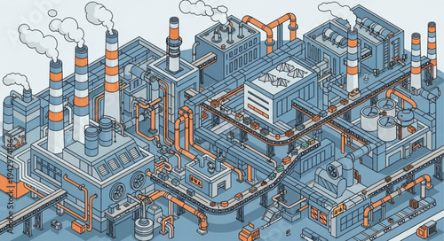 Industrial Factory Complex with Smokestacks.