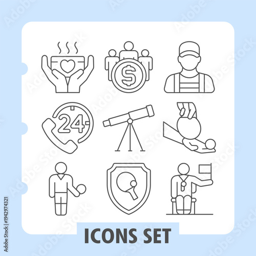 Food plate, technical support, tennis player icons, set illustrating concepts such as care, security, time management, communication and support. Set of nine thin line icons on white background.