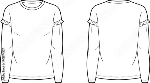 Women long sleeve t shirt with ruffle shoulder detail technical fashion illustration front and back views casual apparel template