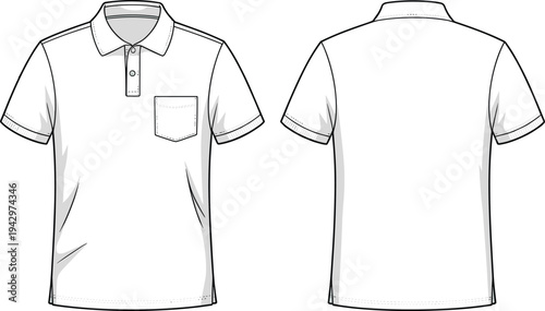 Short sleeve polo shirt with pocket technical fashion illustration front and back views classic collar casual apparel template