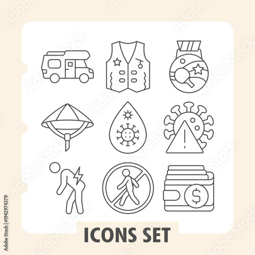 Trailer truck, chinese hat, older man icons, collection illustrating concepts such as travel, safety, tourism, leisure and lifestyle. Set of nine thin line icons on white background.