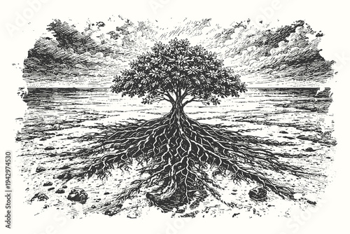 Vintage engraving style illustration of a solitary tree with exposed roots on a vast plains, detailed black and white vector art.