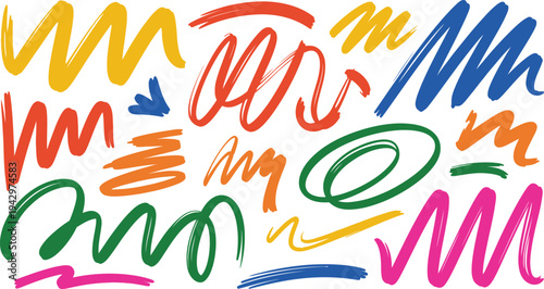 Colorful scribbles and squiggles in various shapes and sizes on white background for creative design
