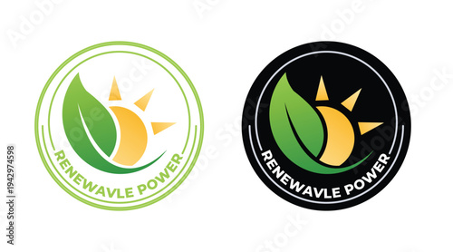 Renewable Power Eco Badge – Green Energy Logo with Leaf and Sun, Sustainable Electricity Symbol Set