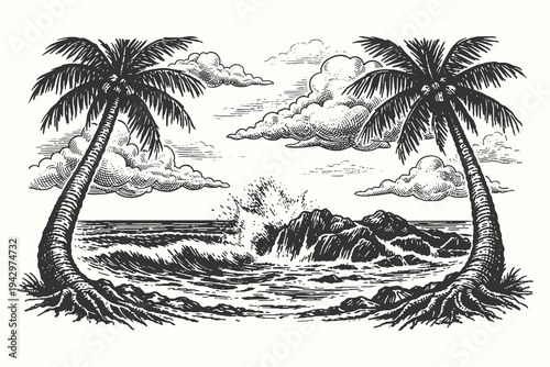 Tropical beach scene with palm trees and ocean waves crashing on rocks, created as a detailed black and white vector line art.