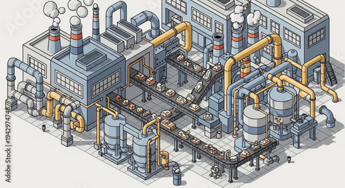 Industrial Factory Complex with Pipes.