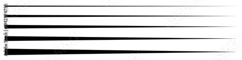 A set of horizontal black lines of varying thickness, gradually tapering from left to right. The graphic elements have a wedge-like shape, creating a visual effect of speed or a calligraphic stroke.