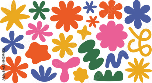 Vibrant colorful flowers and abstract shapes on white background decorative floral pattern with pink orange yellow green and blue hues for design and art projects