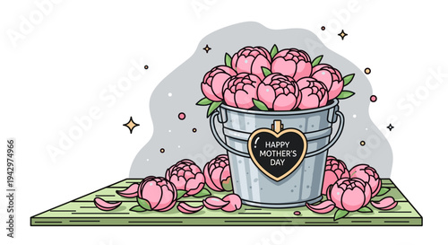A charming illustration of a bucket filled with pink peonies, featuring a 'Happy Mother's Day' sign in a modern style