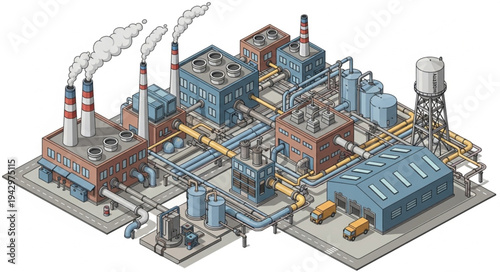 Industrial Factory Complex with Pipes and Machinery.