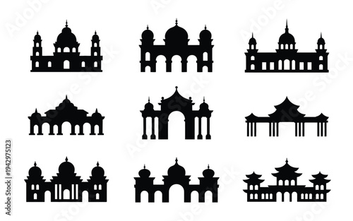 Black silhouettes of various asian style buildings and monuments on white background including temples pagodas and arches for design and decoration