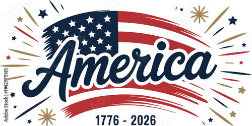 Patriotic america logo with american flag and fireworks on white background for 4th of july celebrations