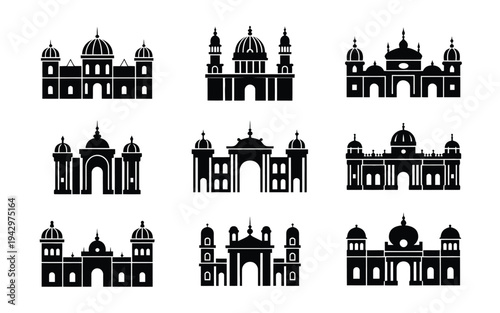Black silhouettes of various indian architectural monuments and buildings with domes and arches on white background