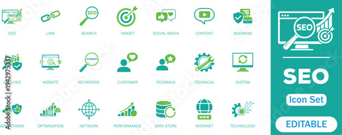 SEO editable solid Icon Set. Collection for search, social media, improvement, feedback, marketing, link, optimisation, performance and perfect vector icons.