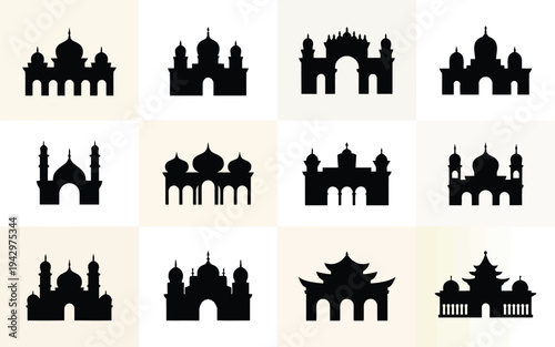 Collection of various black architectural silhouettes landmarks and monuments from around world on beige background