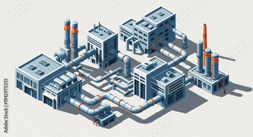 Industrial Factory Complex with Pipes and Towers.