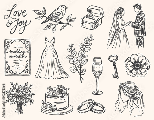 Wedding sketch illustration hand-drawn collection for articles.
Bride, groom, cake, rings, flowers ink drawing.
Love, joy, rustic, vintage, wedding planning blog graphics.